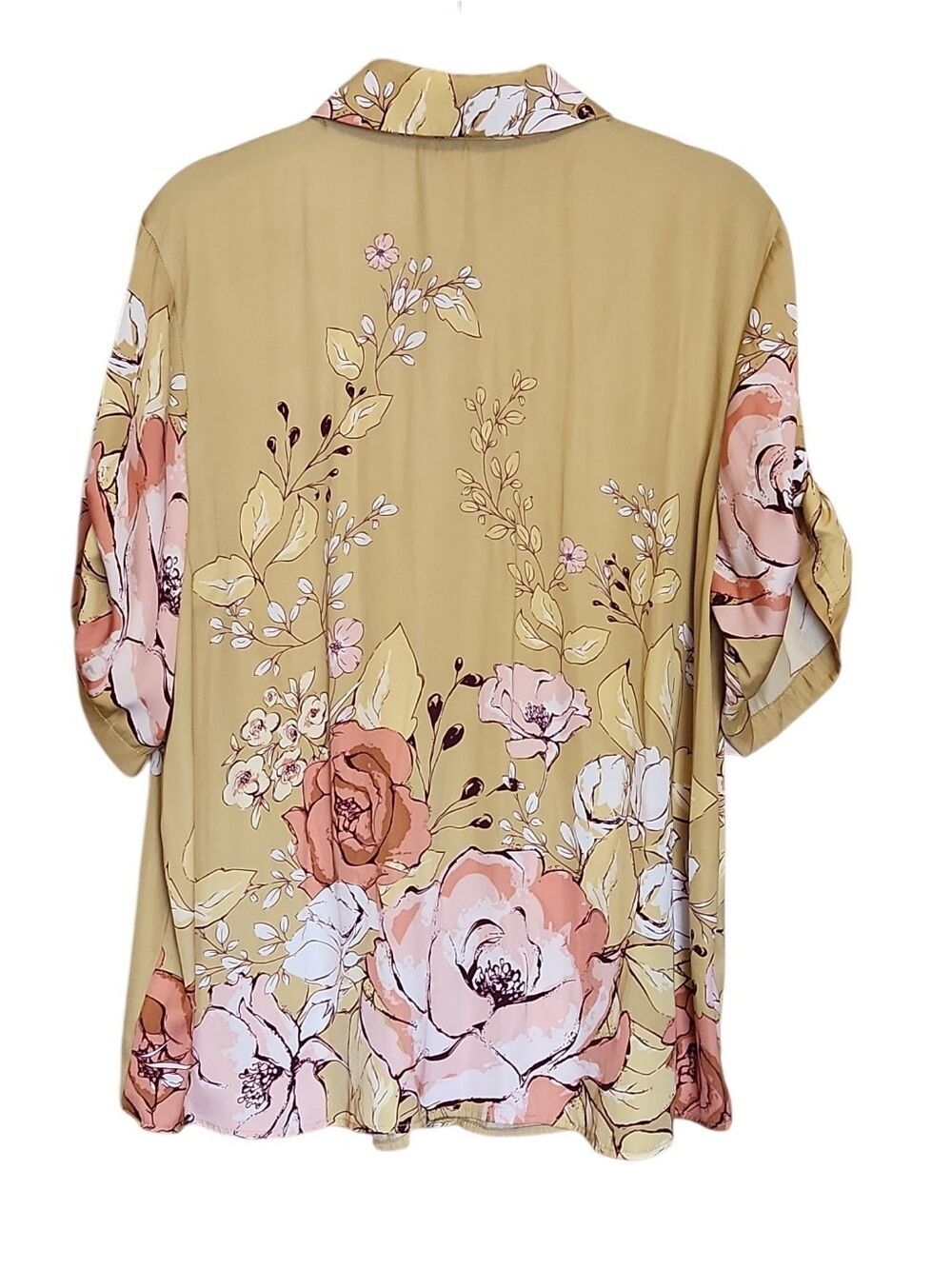 RACHEL ZOE FLORAL BUTTON FRONT TAB SLEEVE BLOUSE MUSTARD PINK LARGE LIKE NEW! - Picture 3 of 6